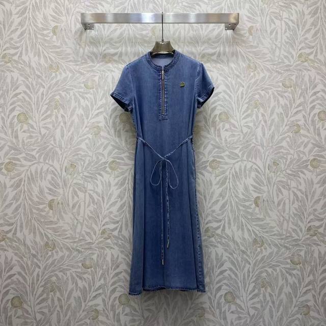 Va25Ss Denim cotton waist round neck belted long dress, high-grade fabric, color