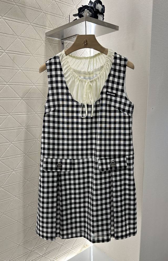 Miumi*2025 New arrivals Fake two-piece plaid vest dress Customized Yb twill cott