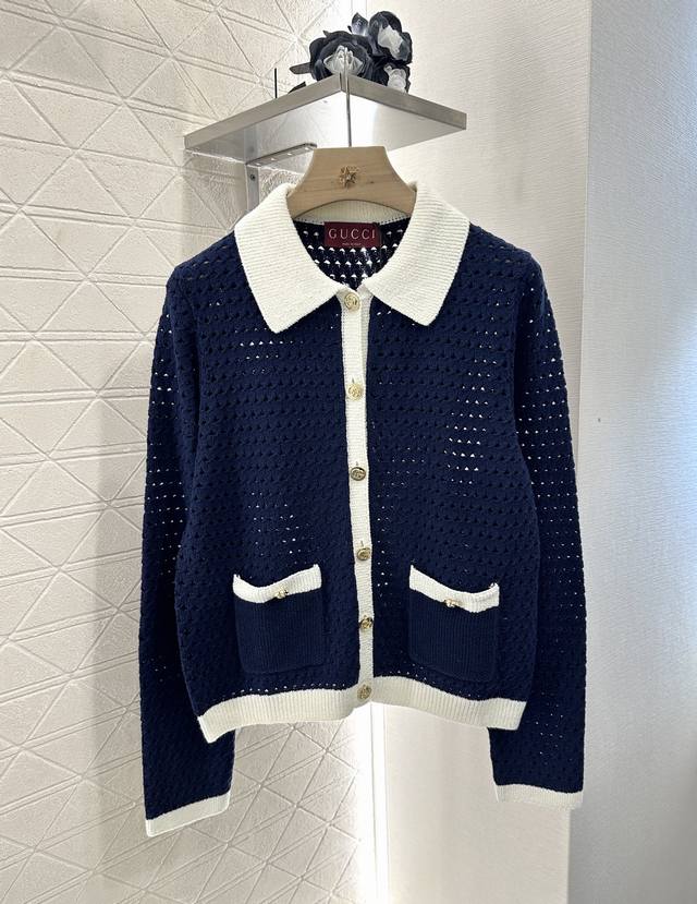 Gucc*2025 New arrivals Hollow knitted cardigan Customized Yb cotton yarn woven t