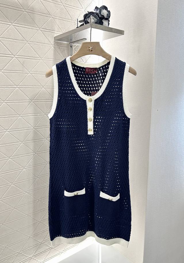 Gucc*2025 New arrivals Contrast color hollow knitted vest dress Customized Yb co