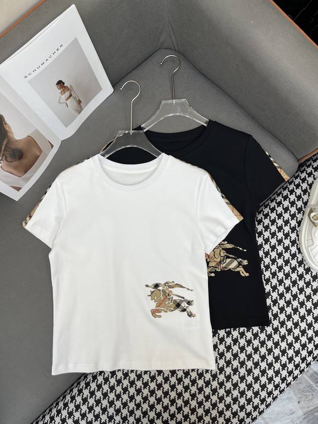 Burberr* 25Ss new sleeves stitching plaid T-shirt pattern patch embroidery decor