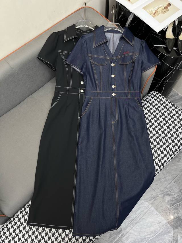 Gucc* 25Ss New Tencel denim dress with exposed stitching and letter embroidery d