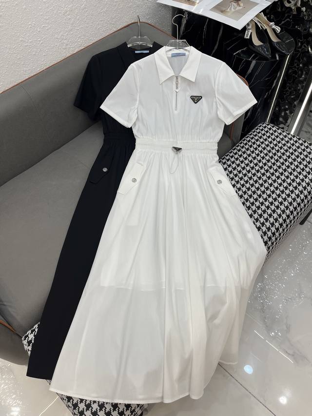 Prad* 25Ss new lapel dress with triangle logo decoration and waist drawstring de