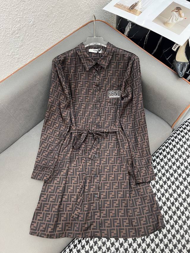 Fend* 25Ss new long-sleeved shirt dress double F pattern printed fabric classic