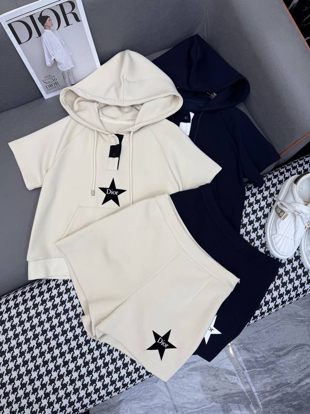 Dio* 25Ss new hooded short-sleeved top shorts set star flocking print decoration