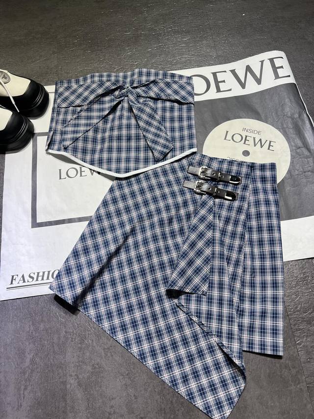 Tube top Skirt Miumi* New plaid butterfly strap tube top vest + irregular skirt