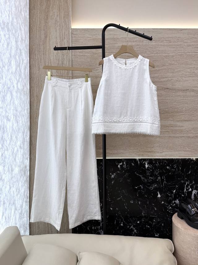 Ym050# New suit Zim* 100% linen sleeveless water-soluble embroidery sleeveless t