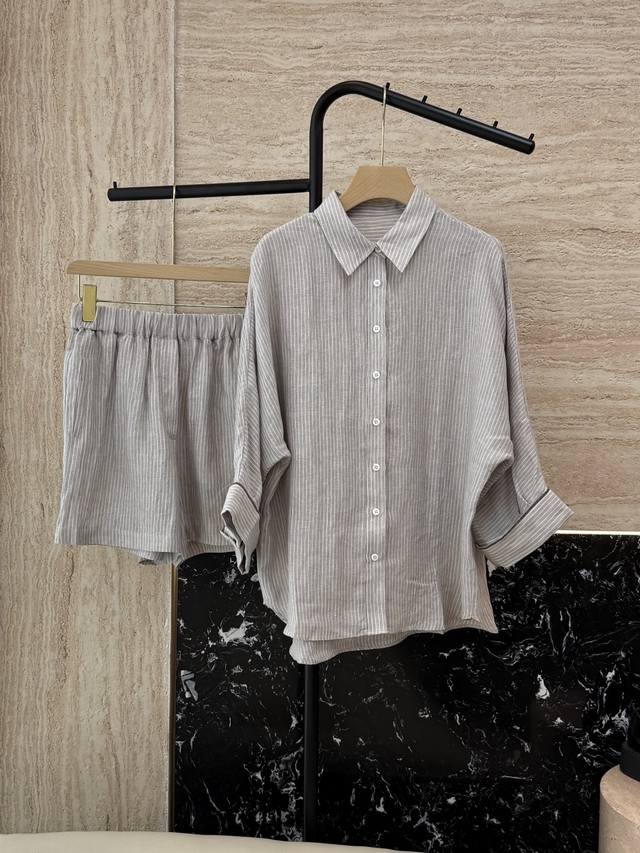 Lz25060#New suit Bc 100% linen striped print long-sleeved shirt shorts suit set