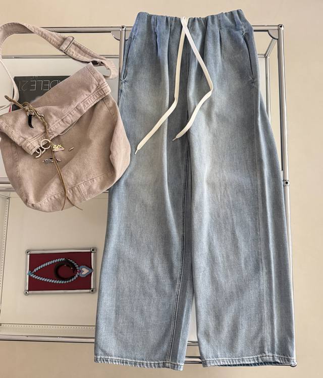 25Ss New spring and summer flower bud elastic waist drawstring wide-leg jeans ar