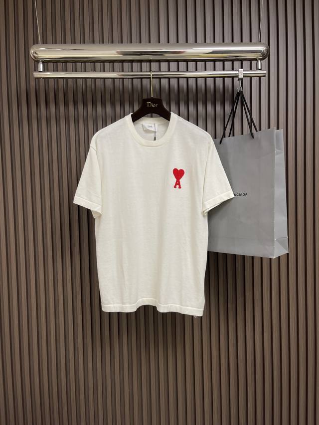 Ami 2025Ss Summer classic towel embroidered heart knitted short-sleeved T-shirt,