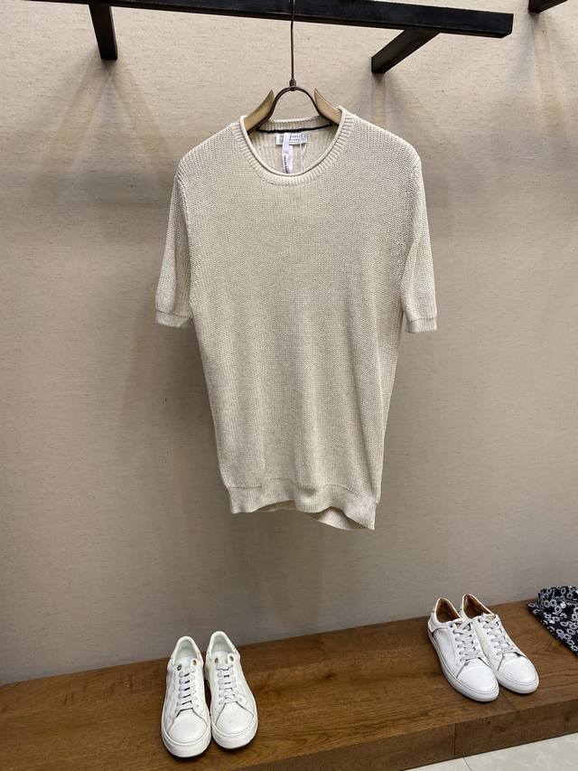Brunello Cucinelli solid color round neck ribbed short sleeves, genuine 9964 pur