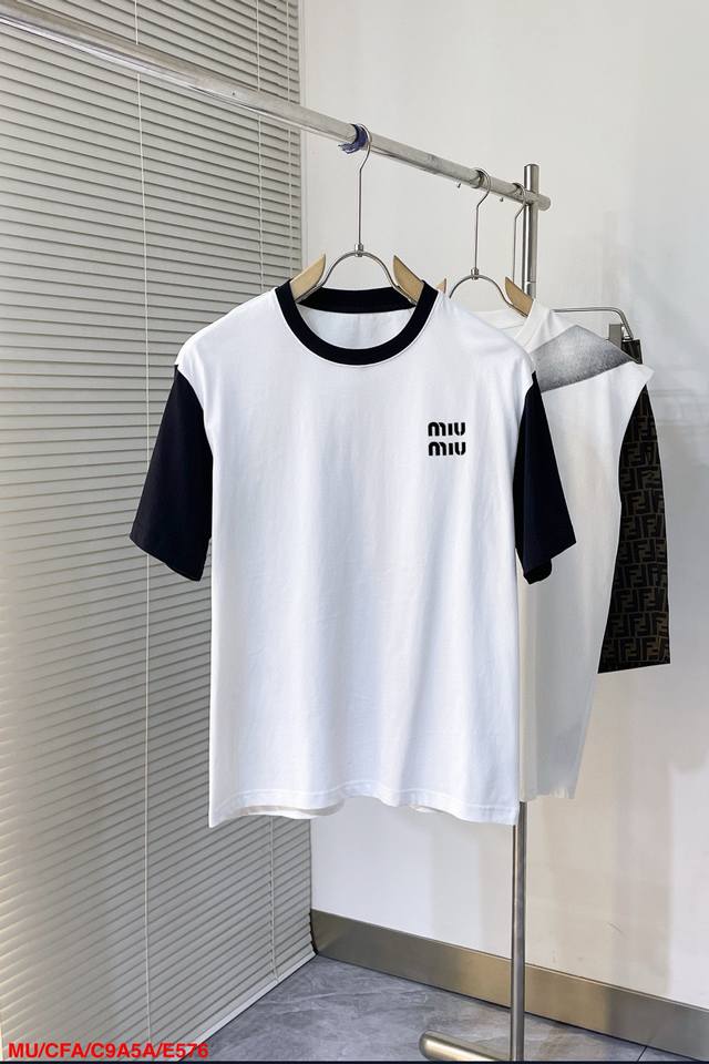 E576 Miu Miu Miu new raglan letter print double-layer heavy-duty short-sleeved T