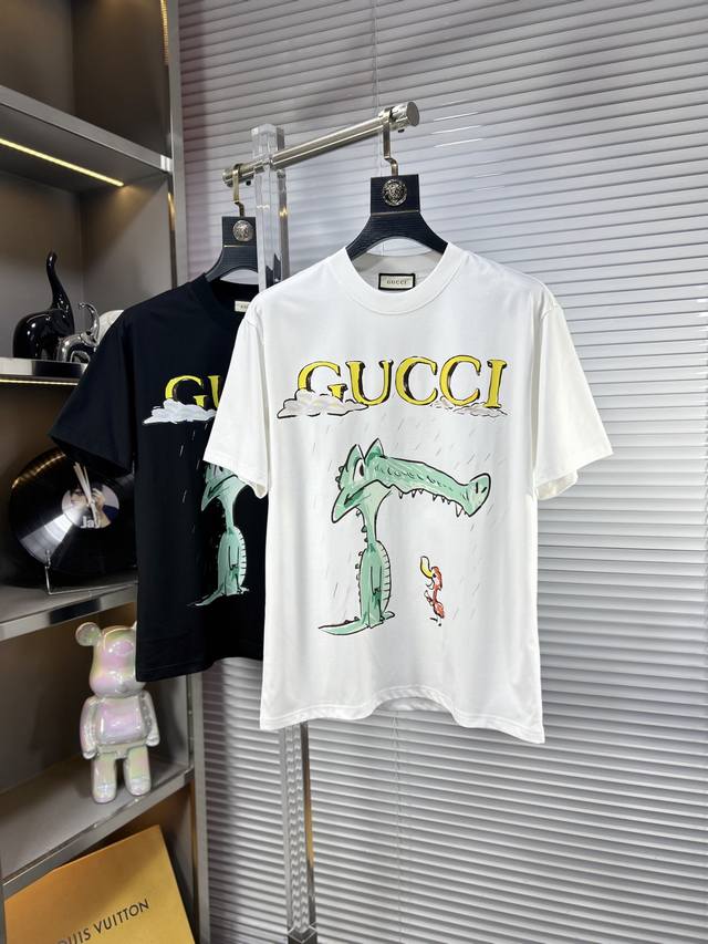 Gucc*Gucci Ss25 new summer short sleeves, top pattern logo, handsome and fashion