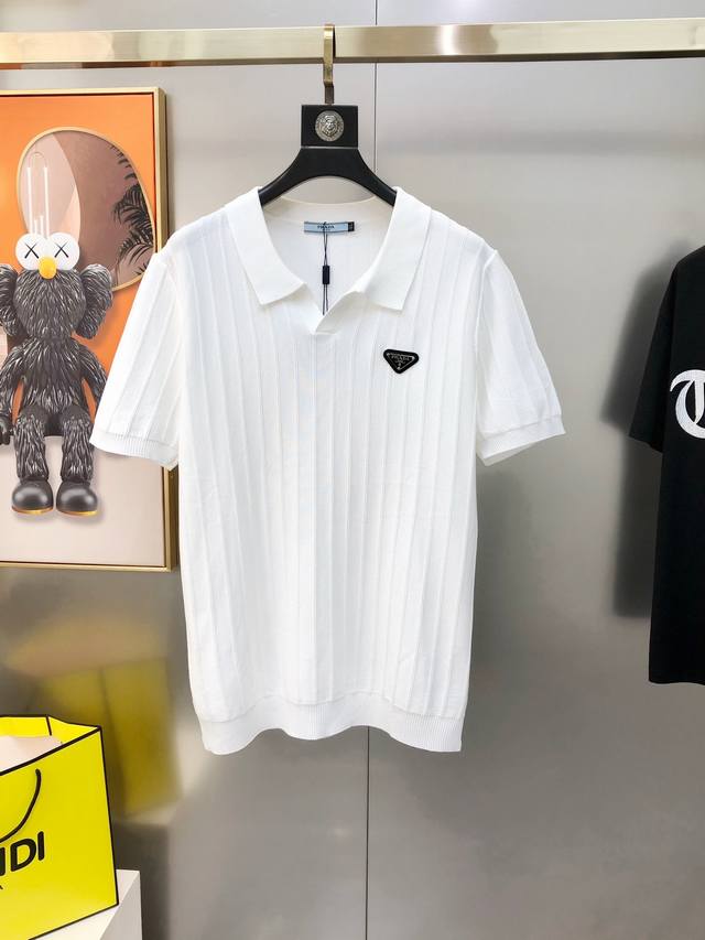 P*Ada Prada 2025 spring and summer new men's original lapel short-sleeved knitte