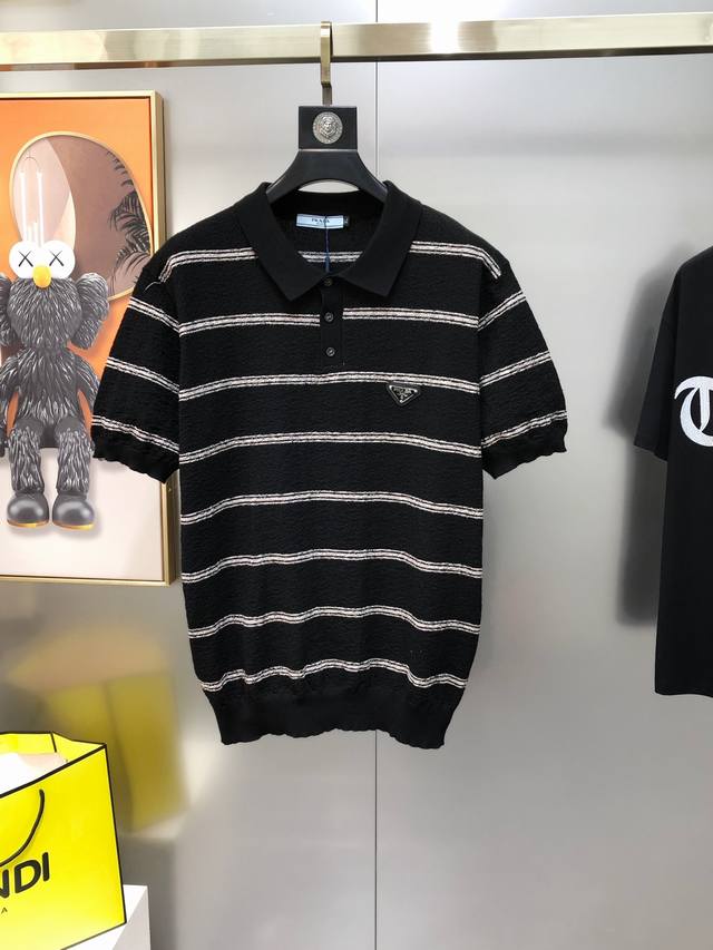 P*Ada Prada 2025 spring and summer new men's original lapel short-sleeved knitte