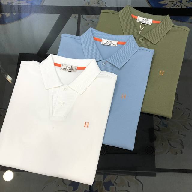 H*Rmes Hermes 2025 Spring and Summer New Original Men's Lapel Polo Shirt Short S