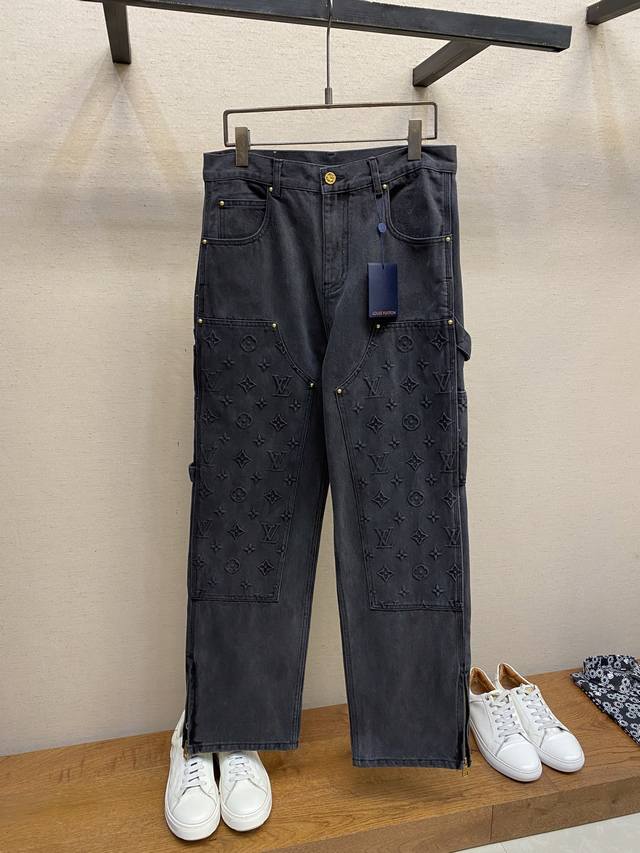 Lv, Lu embossed denim trousers original, 100 purchase, pure color denim, concave