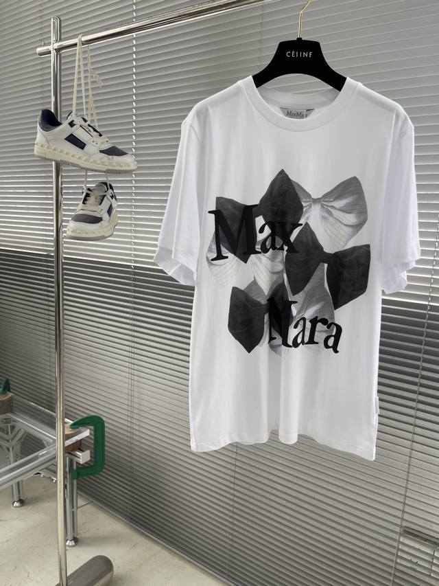 Maxmara 25Ss new bow print round neck short sleeve regular T-shirt high version