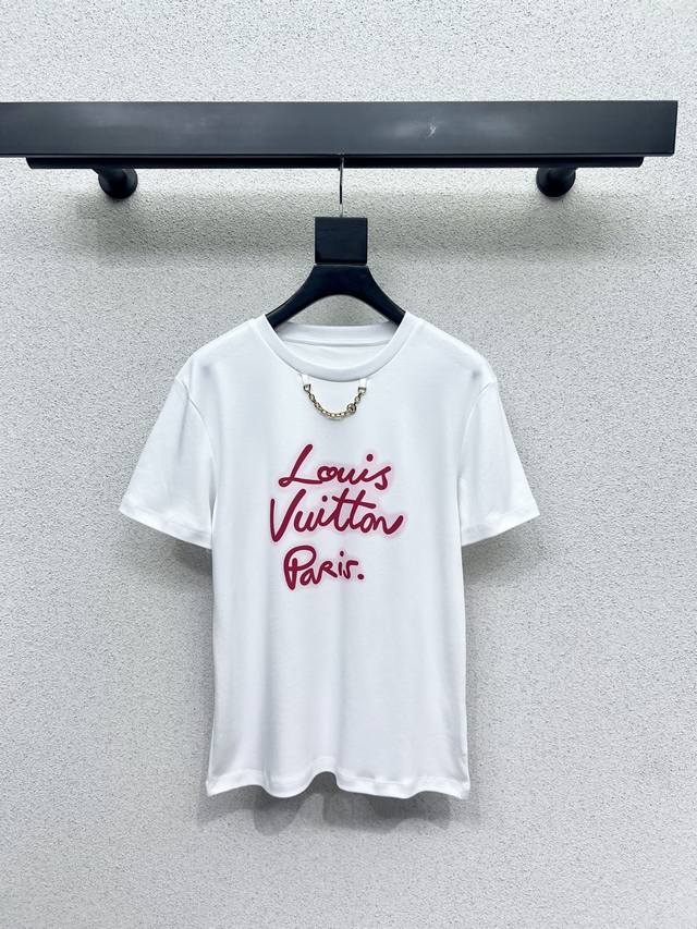 L Logo pattern printed short-sleeved T-shirt Pure white background with contrast