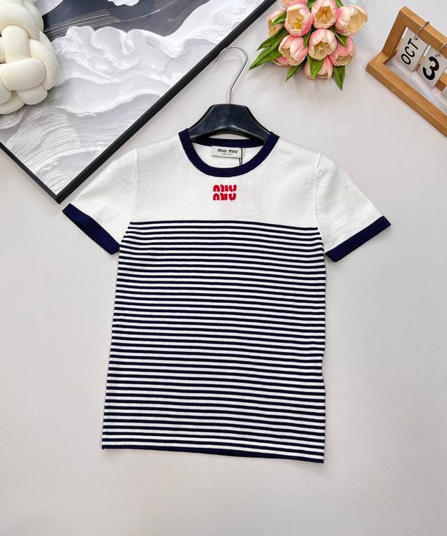 Miumiu2025 new style letter patch striped knitted short sleeves, customized Yb c