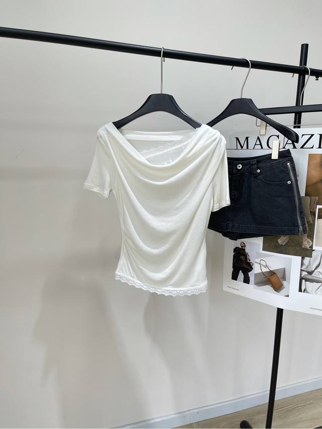 White lace pleated stretch short-sleeved T DDD, fabric: Tencel wool + polyester