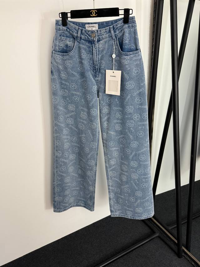 Style No. 20254068 Chane* new camellia logo letter print high waist straight de
