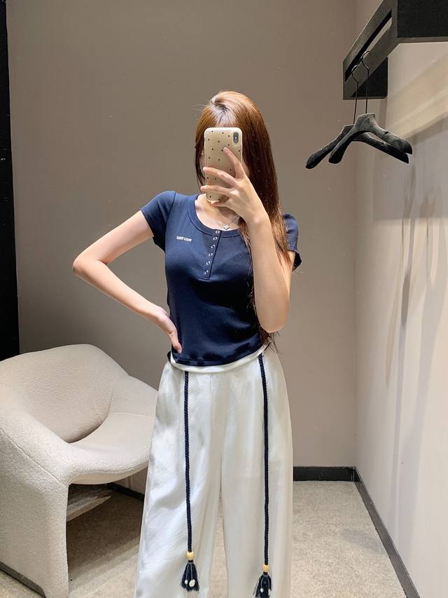 Miumi* 25Ss new spring and summer embroidered cotton short-sleeved shirt + Tence