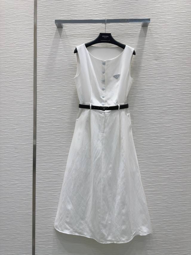 Prad*2025Ss New 100% linen fabric design full of stunning vest dress! Simple old