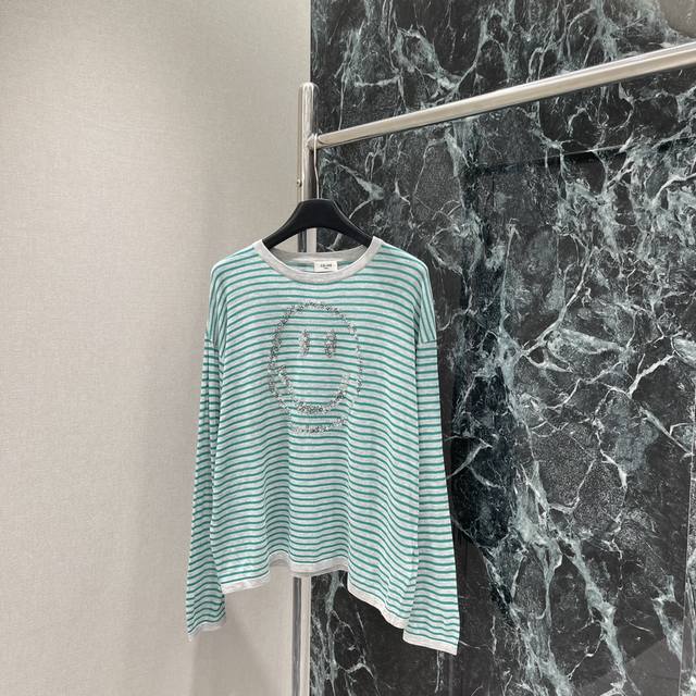 Ce 25 New early autumn striped round neck long sleeve T-shirt Hand-sewn beads on