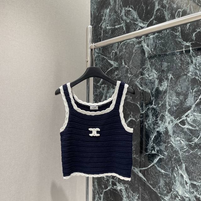 Ce 25 Early autumn new contrast color lace knitted vest with horizontal stripes