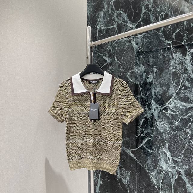 Saint Laurent 25 Early Autumn New Style Lapel Hollow Knit Short Sleeve Half-ope