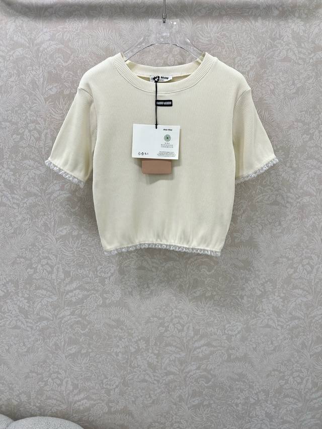 Miumi*New series Yb custom-developed new Miu Miu lace ribbed short-sleeved tops
