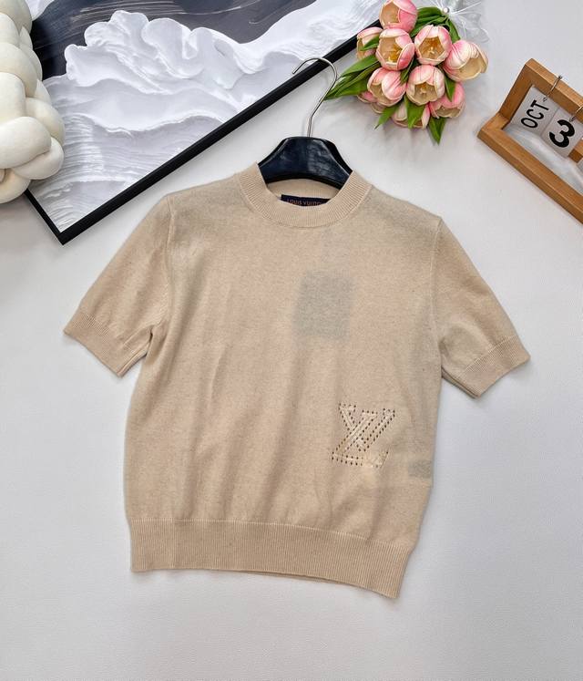 Louis Vuitton25Ss Spring and Summer new letter embroidery round neck short-sleev