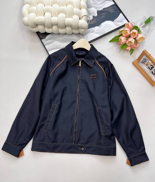 Miumiu2025 new letter embroidery contrasting outline jacket, customized Yb 100%
