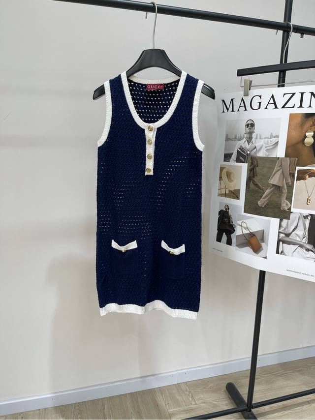 Gg blue and white color matching hollow knitted vest skirt ., Fabric: Cotton ble