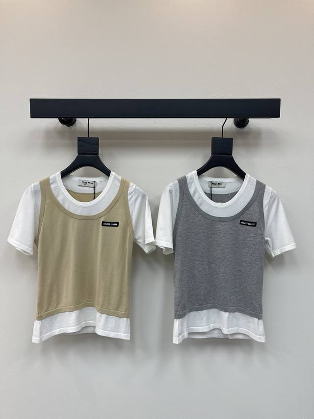 Miumi*25 New fake two-piece knitted short-sleeved top, exclusive customization.
