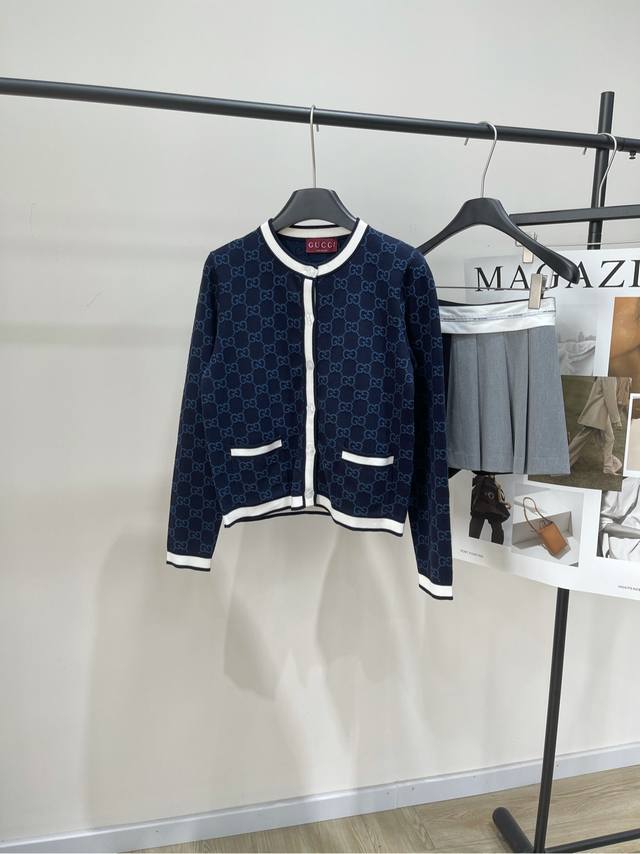 Gg navy blue and white edge round neck double pocket cardigan DDD, fabric: fine