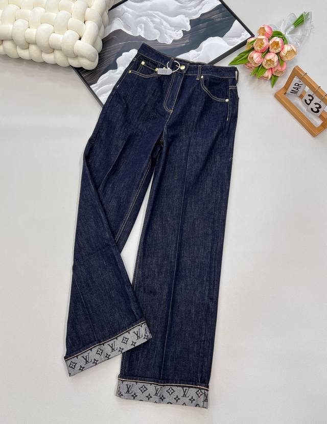 New style denim trousers with monogram print and hem, customized Yb twill cotto