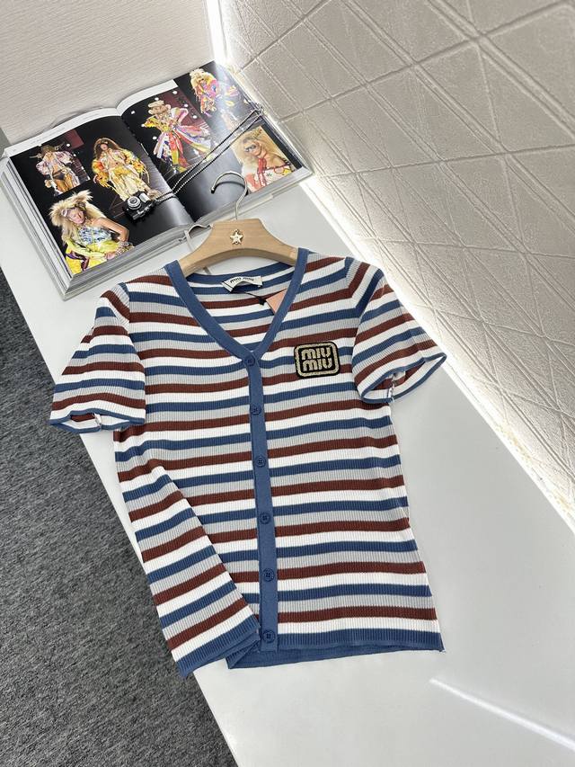 Miumi*2025 New arrivals Striped knitted short-sleeved cardigan Customized Yb cot