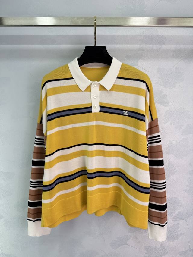 Celin*25 Early autumn new striped Polo long sleeves, yellow and white contrast d