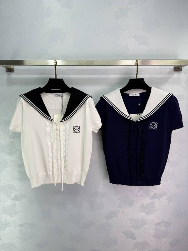 Loe*2025 Spring and Summer new style navy collar knitted short sleeves with lace