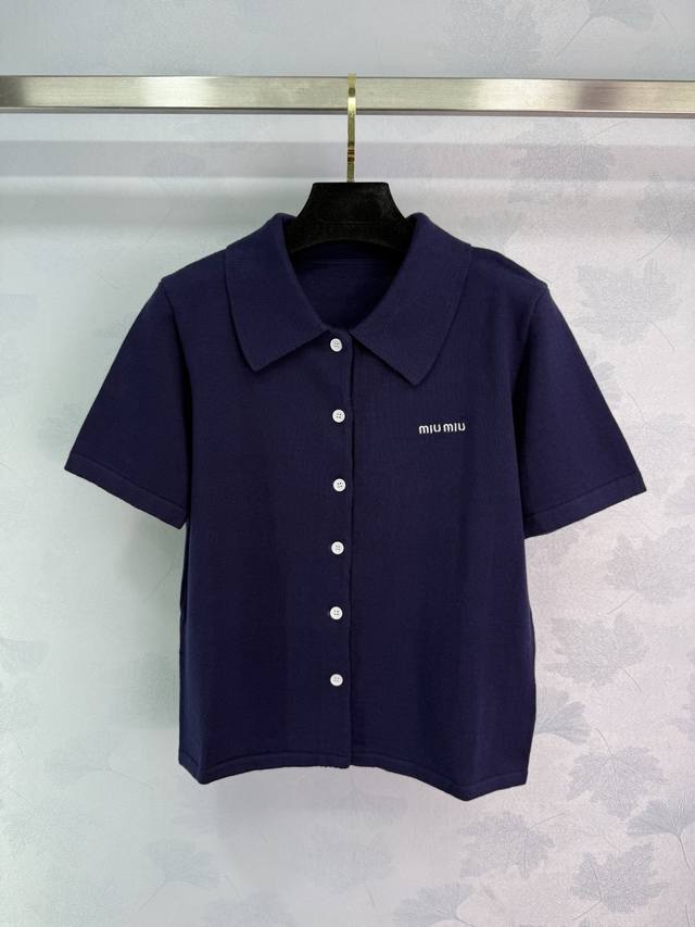 Miu 25 Early Autumn new style lapel short-sleeved Polo cardigan Full-front butto
