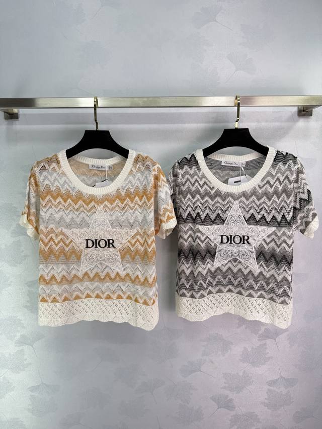Dio*2025 Spring and Summer new knitted short-sleeved top with orange and gray wa
