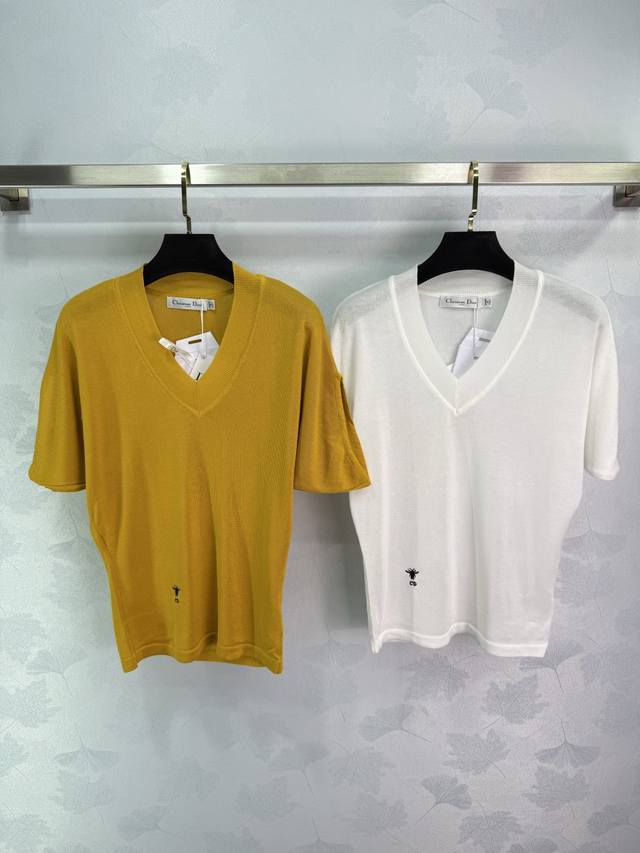 Dio*2025 Spring and Summer new Cd bee V-neck knitted short-sleeved bee logo on t