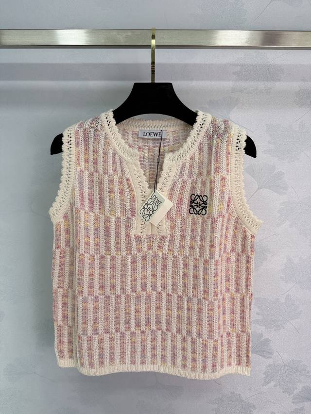 Loe*2025 Spring and Summer new knitted vest, off-white background with pink stri