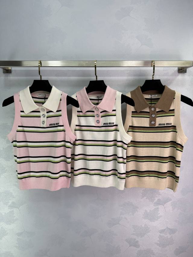 Miumi*2025 Spring and Summer latest series! Striped lapel knitted vest! Custom w