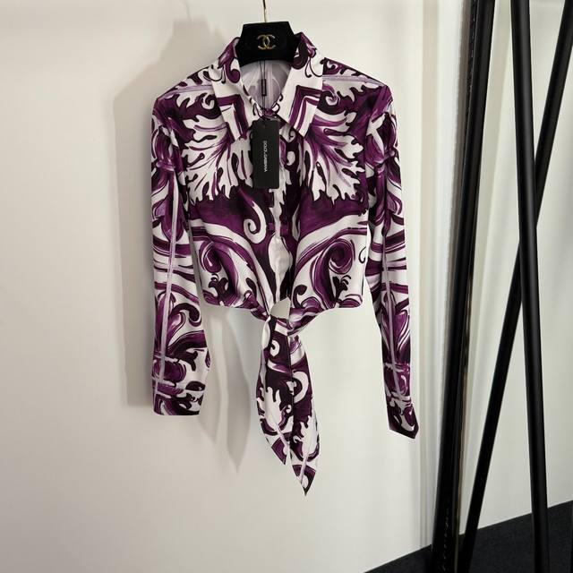Style No. 20254043 Dg* New retro pattern print tied waist long sleeve short shi