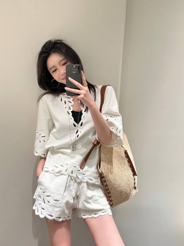 Isabel Mar*Nt 25Ss Spring and Summer New Ramie Series V-neck Hollow Embroidery S