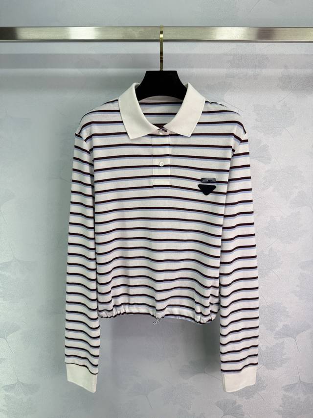 Prad* 25Ss Spring and Summer new high-smart wear striped long-sleeved Polo shirt