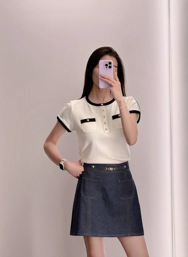 Celin* 25Ss Spring and Summer new high-grade pure cotton white short-sleeved top